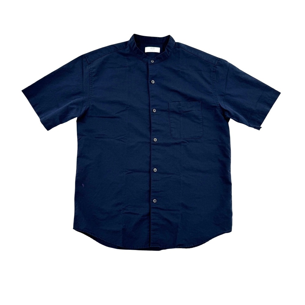 Uniqlo Band Collar Shirt Mens Small Navy Blue Good Linen Cotton Short Sleeve